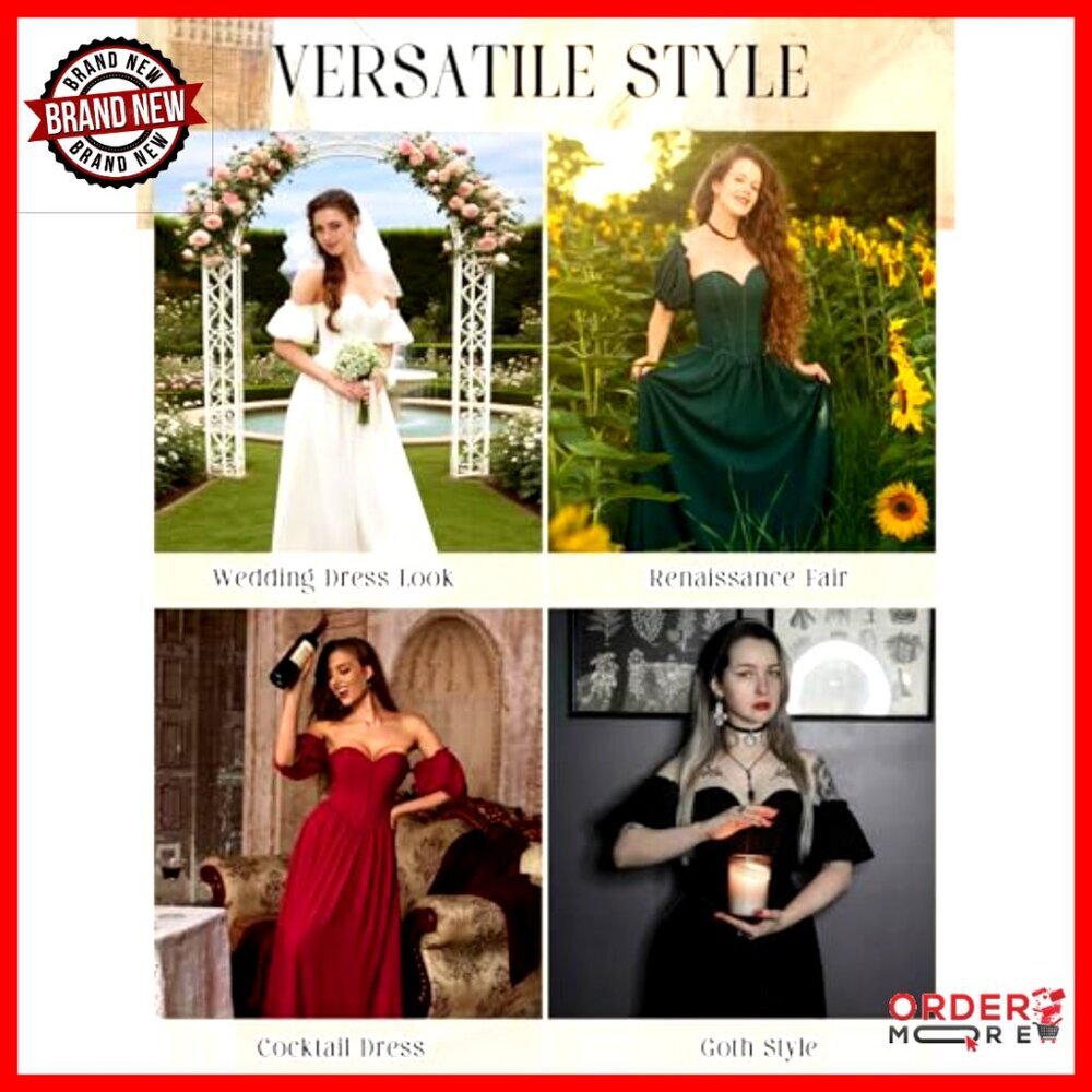 Off Shoulder Corset Dress Sweetheart Neckline Puff Sleeve Renaissance Elegant - Picture 6 of 7
